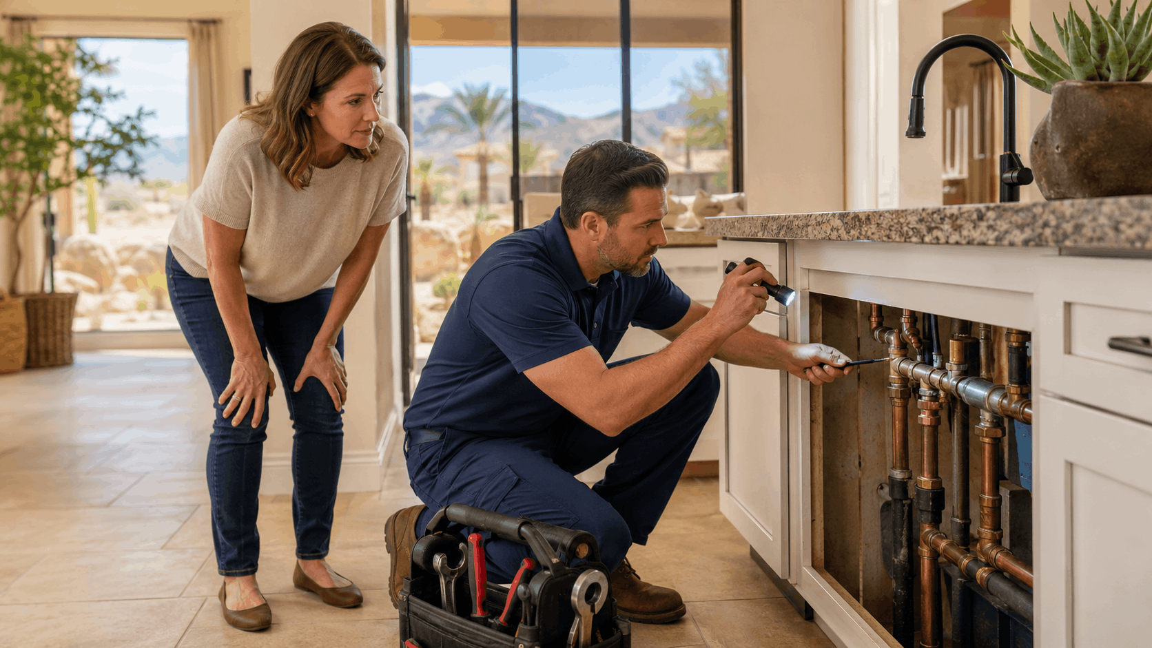 Las Vegas plumber inspecting copper pipes under kitchen sink with homeowner watching