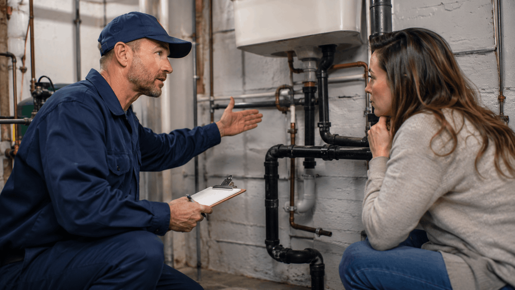 Plumber showing homeowner plumbing pipes and water heater during inspection in basement