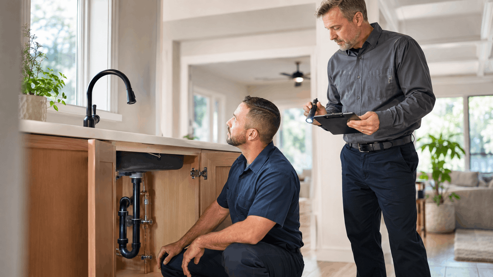 Two plumbers inspecting under-sink pipes and plumbing during Las Vegas home inspection