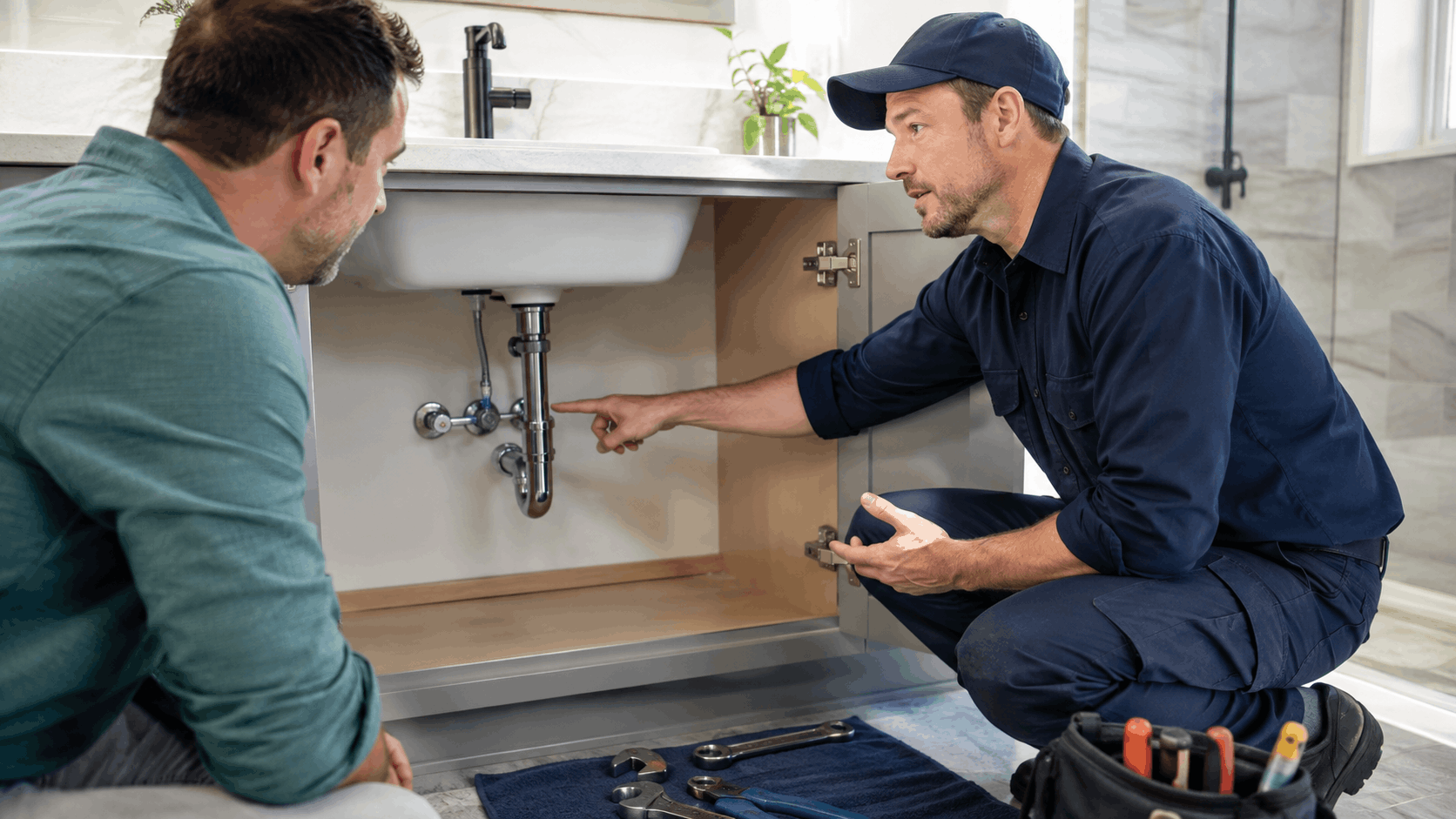 Plumber pointing out pipe issue under bathroom sink to homeowner during inspection