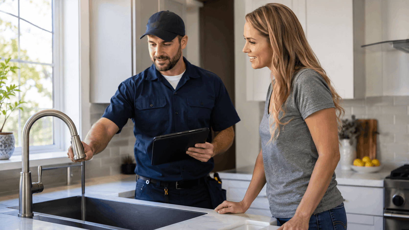 Plumber showing homeowner kitchen faucet inspection results on tablet in Las Vegas home
