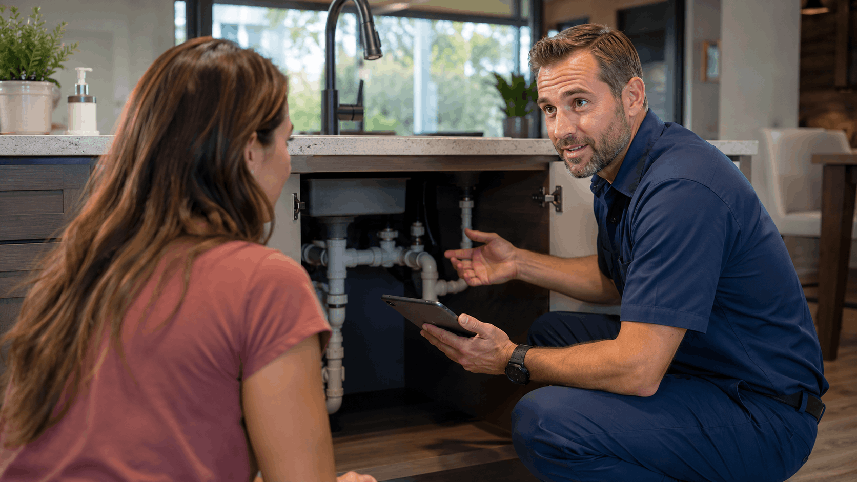 Las Vegas plumber in uniform explaining under-sink pipe issue to homeowner with tablet