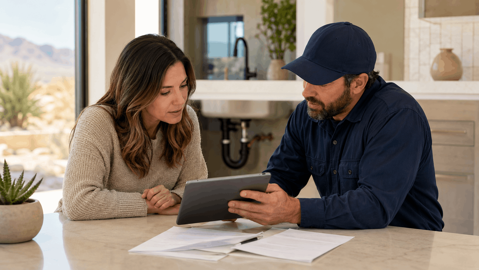 Plumber showing tablet estimate to homeowner at kitchen counter in Las Vegas home