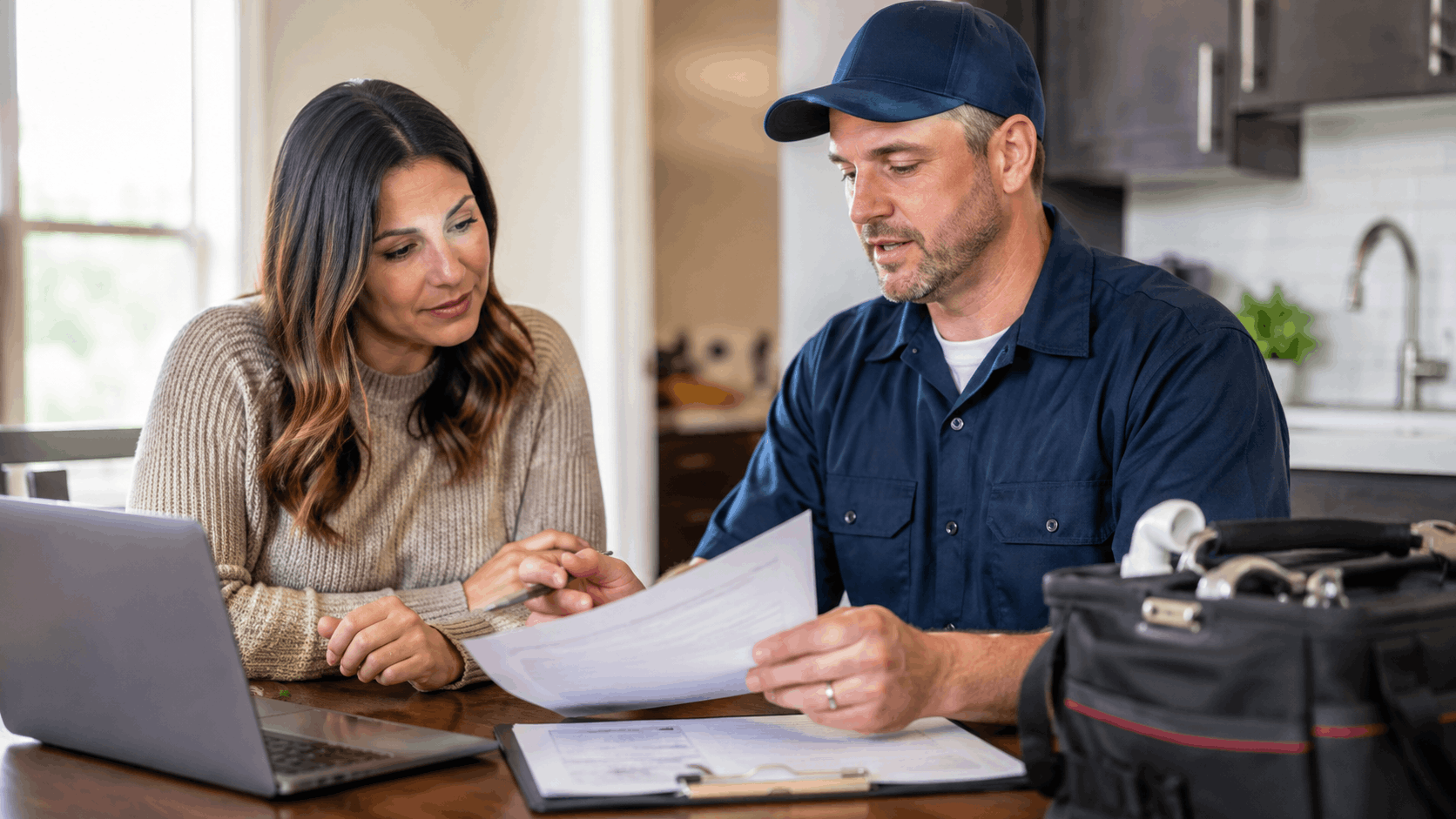 Plumber reviewing documents with homeowner at kitchen table with toolbag nearby