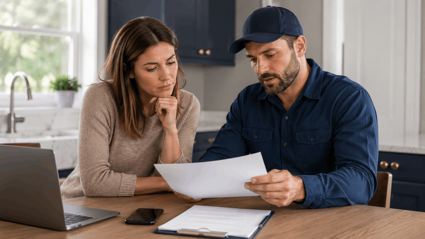 Homeowner reviewing plumbing estimate paperwork with uniformed contractor at kitchen table