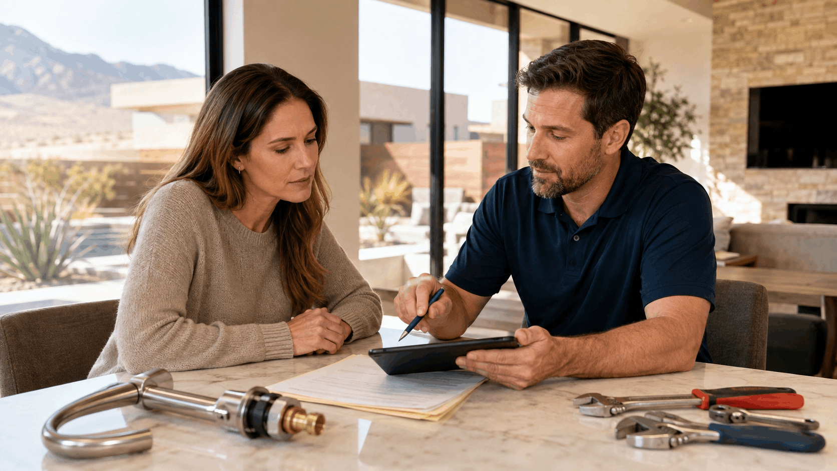Plumber reviewing estimate with Las Vegas homeowner at kitchen counter with plumbing tools