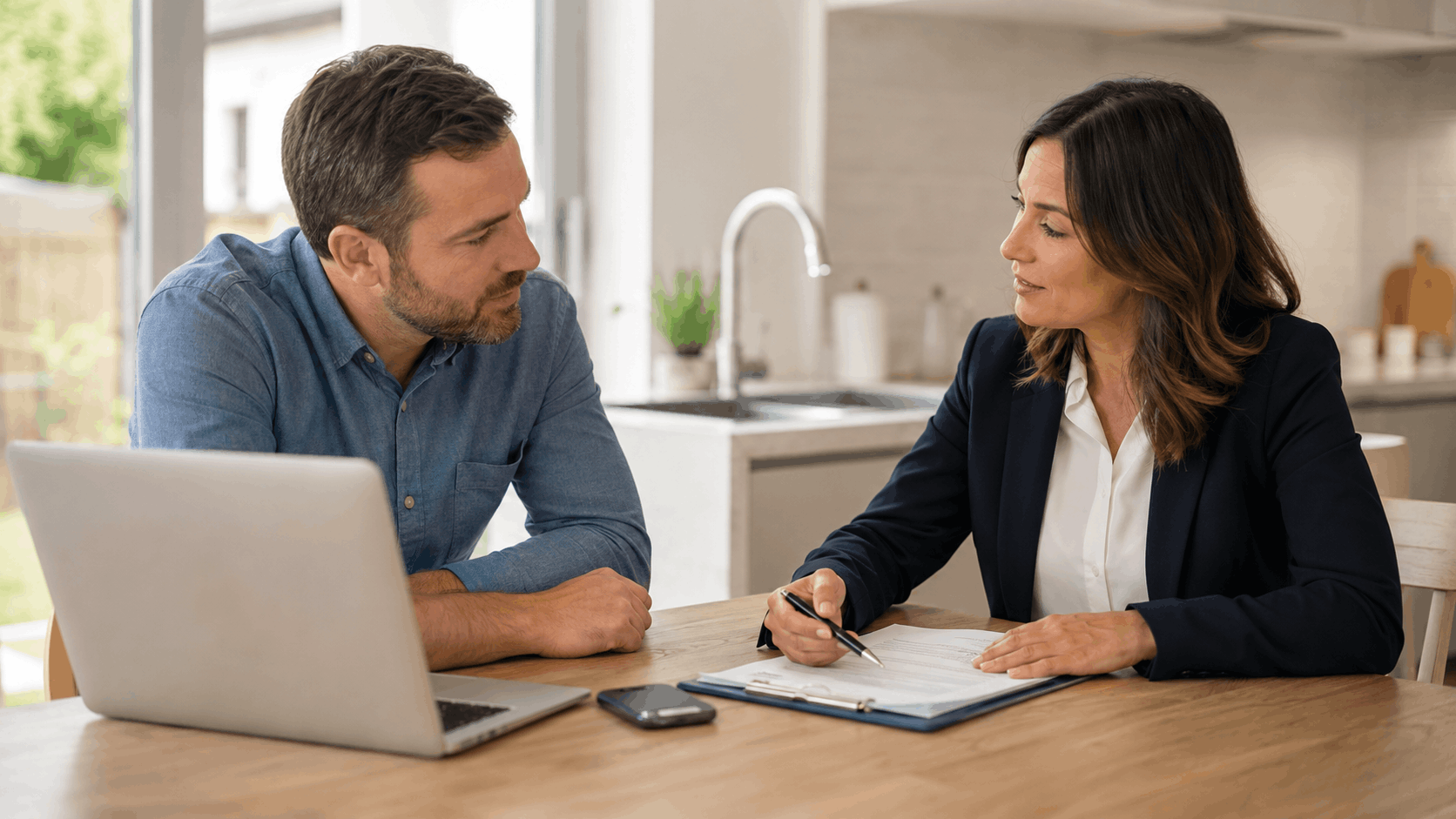 Las Vegas plumber consulting with homeowner at kitchen table reviewing service documents