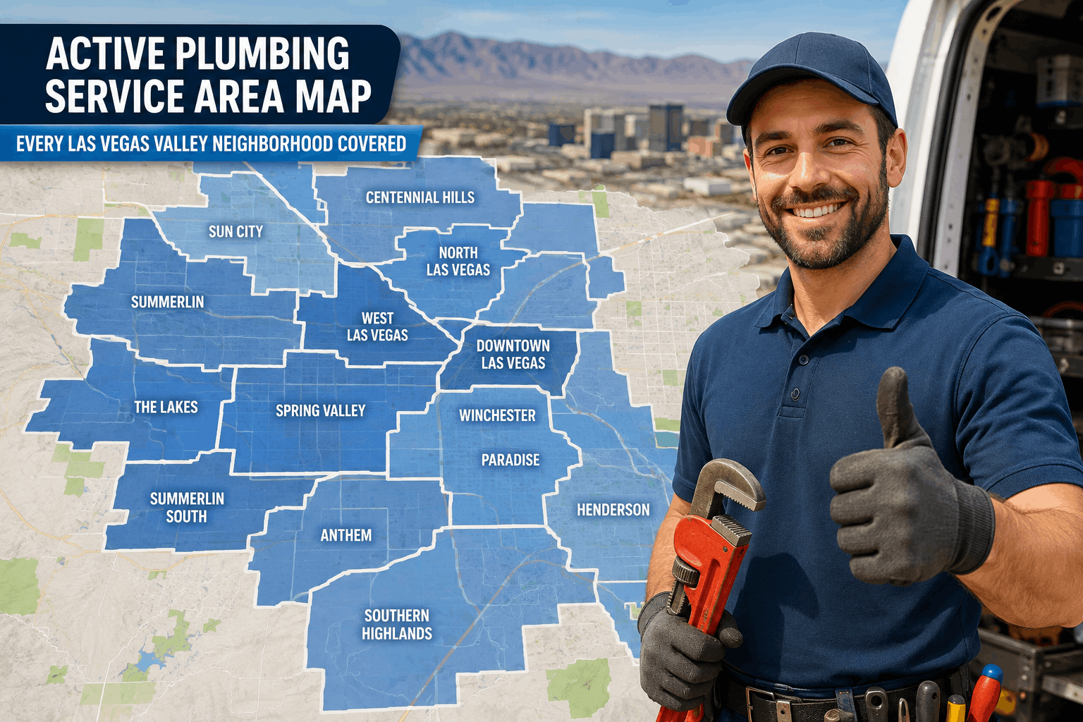 Active Plumbing service area map covering Las Vegas Valley neighborhoods with smiling plumber holding pipe wrench
