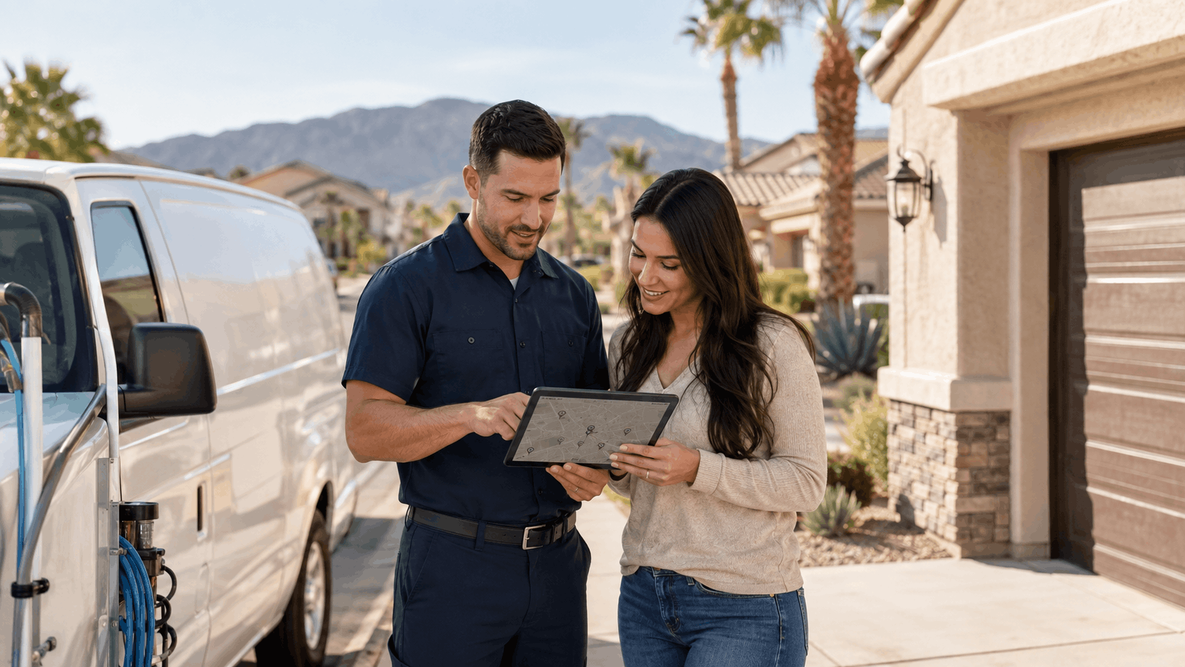 Plumber showing tablet to homeowner outside Las Vegas suburban home with work van