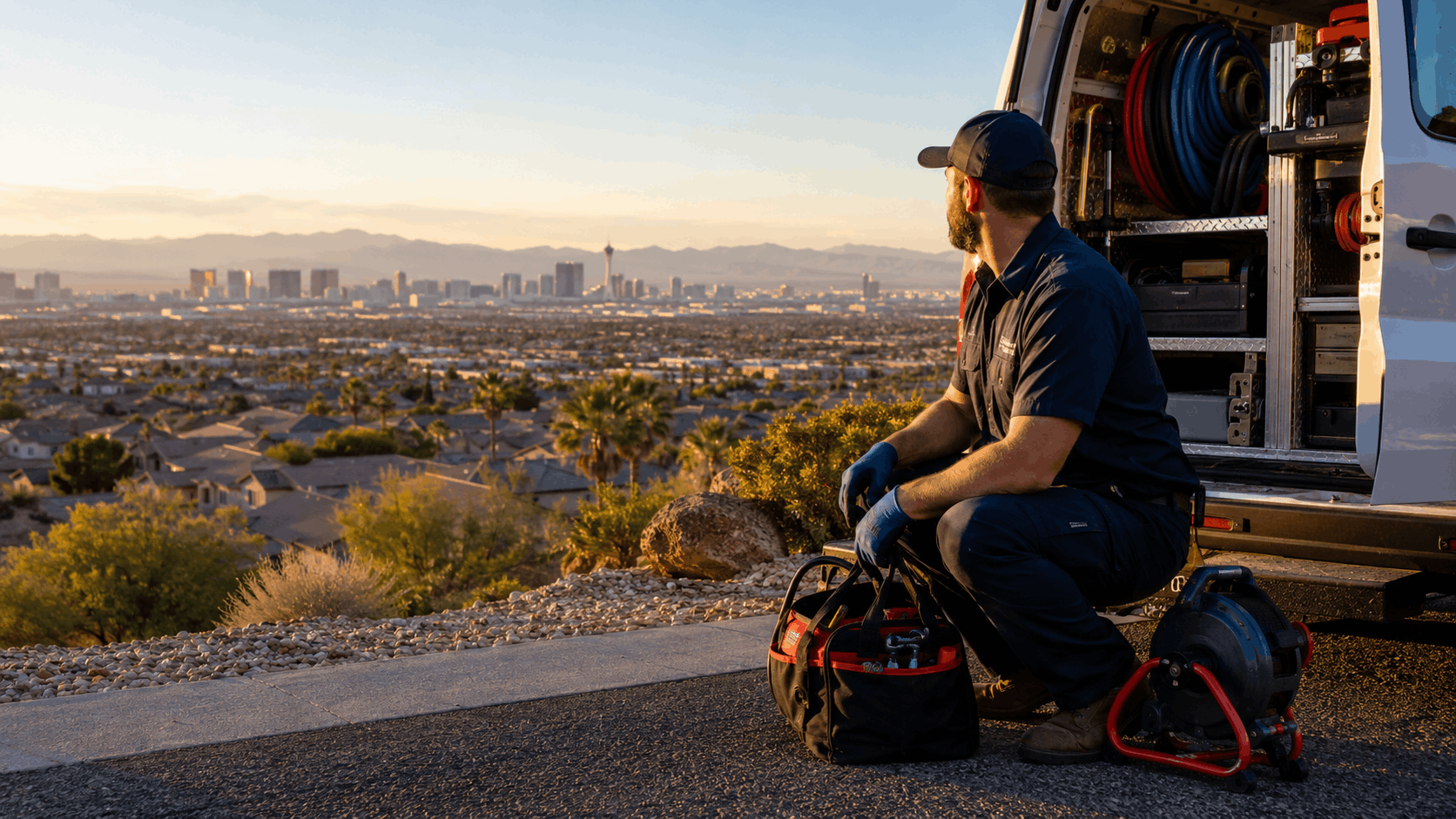Las Vegas plumber crouching beside service van overlooking city skyline at sunset