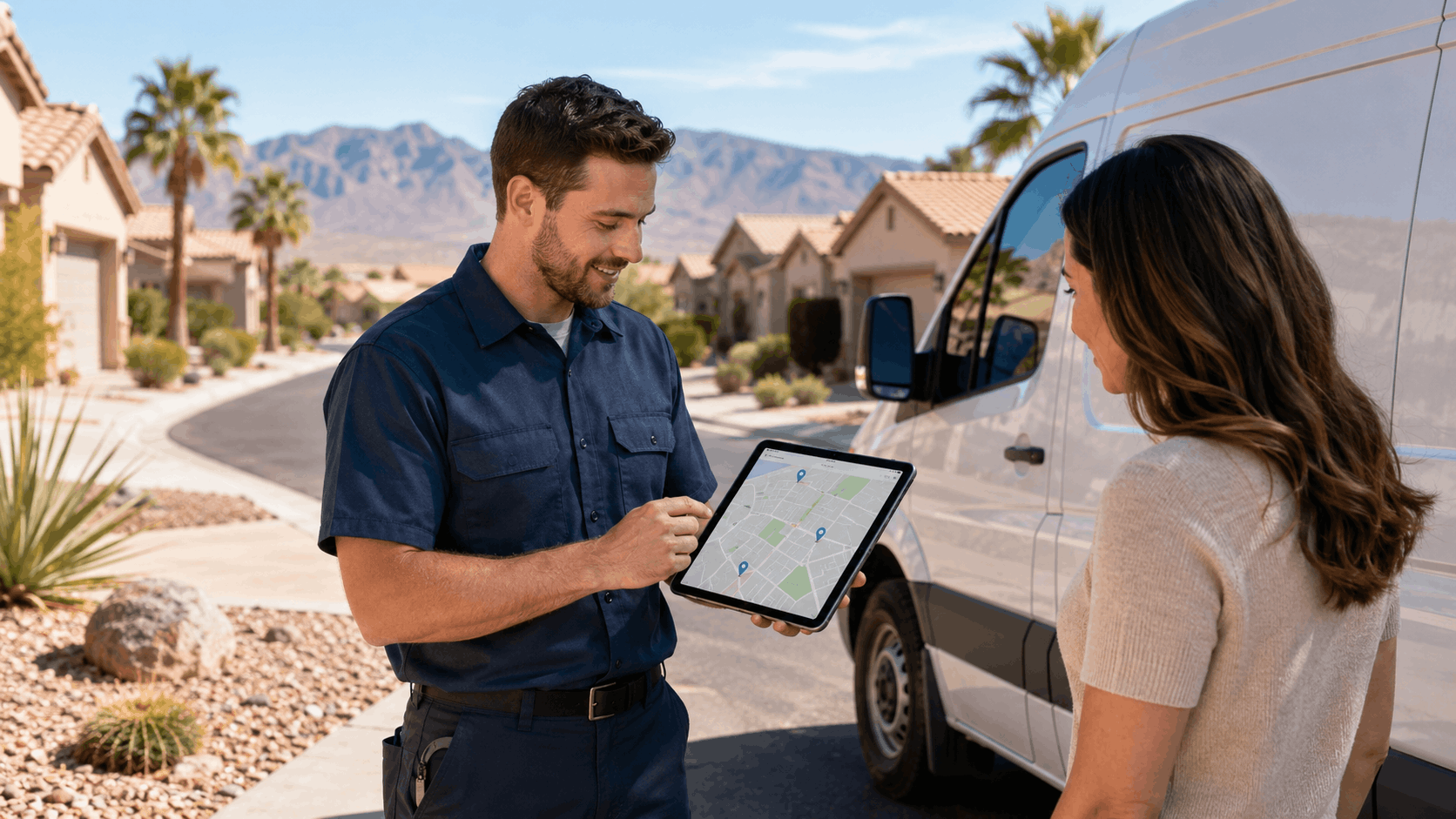 Las Vegas plumber showing tablet map to homeowner beside service van