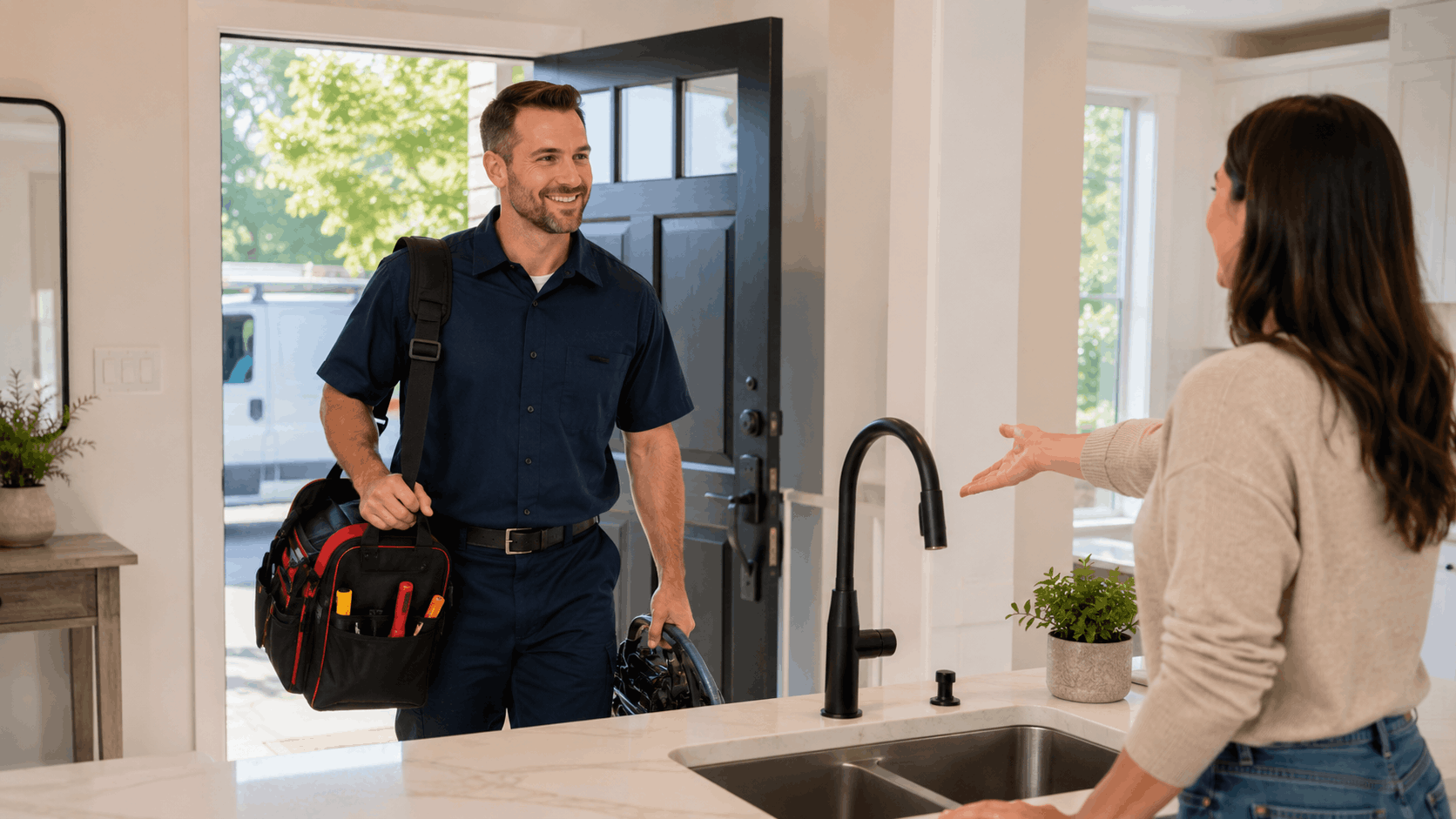 Smiling Las Vegas plumber arriving at home with tools greeting female homeowner at kitchen sink