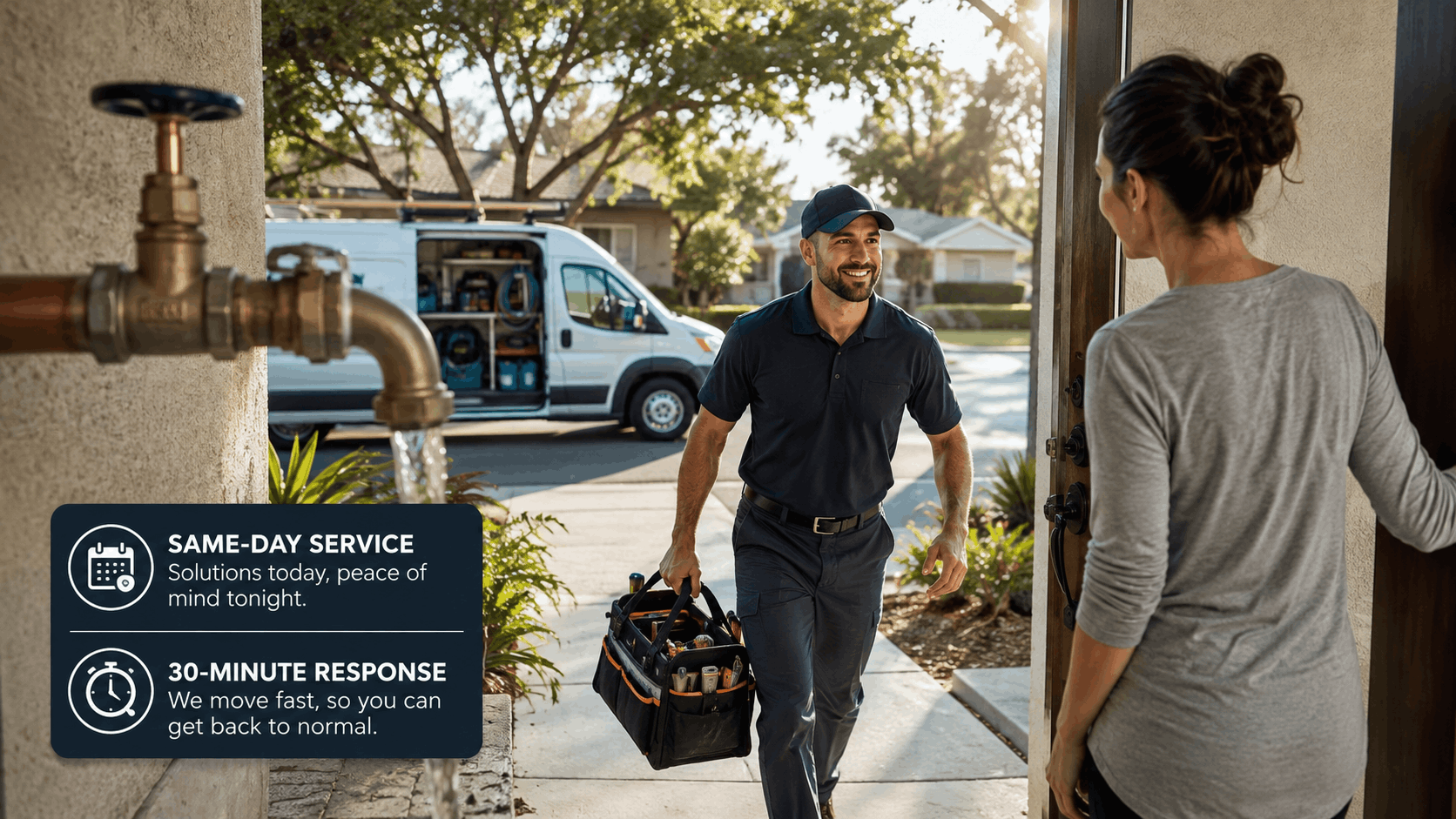 Smiling plumber carrying toolbox arriving at Las Vegas home for emergency plumbing repair