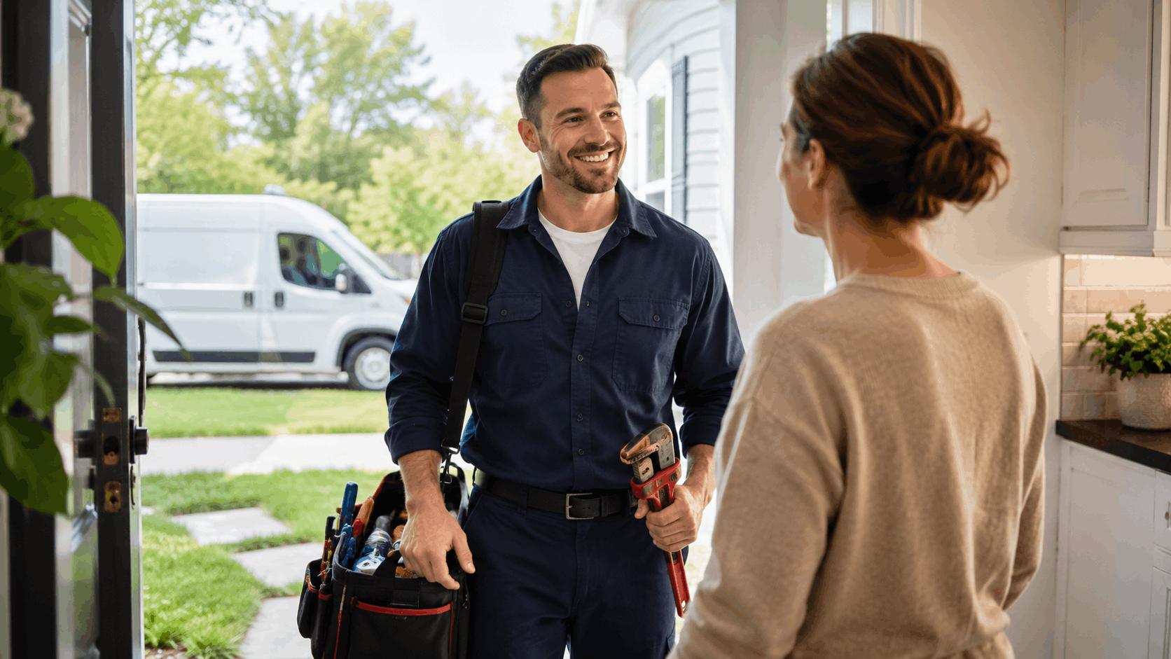 Smiling plumber with tool bag and pipe wrench arriving at homeowner's door