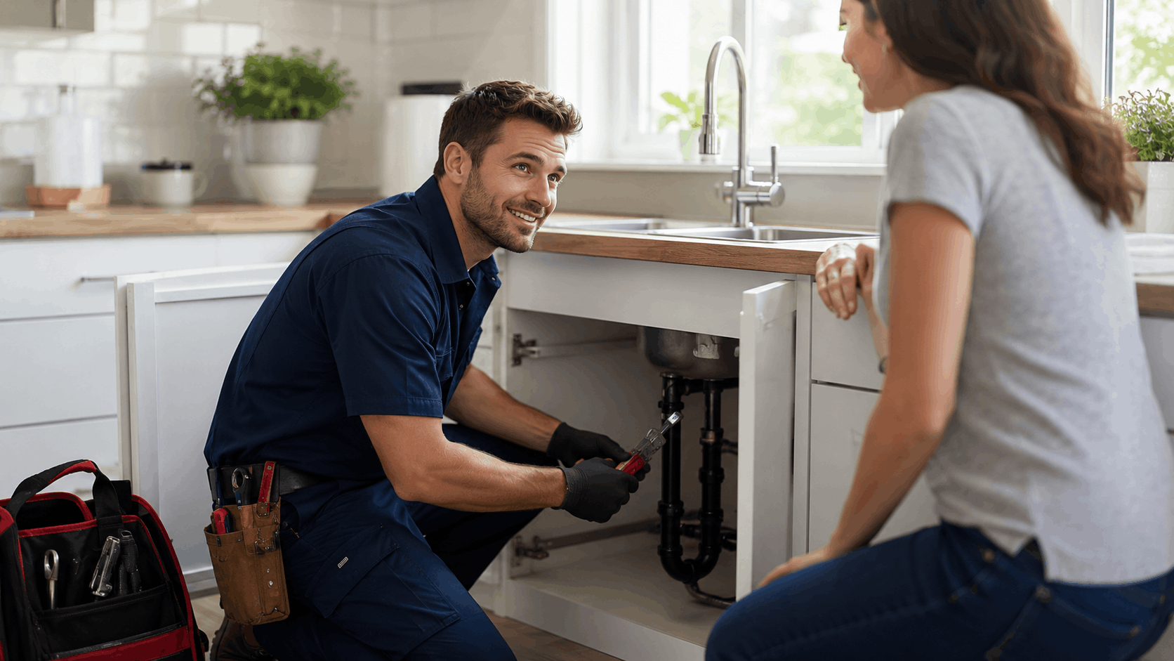 Smiling Las Vegas plumber repairing kitchen sink pipes while speaking with homeowner