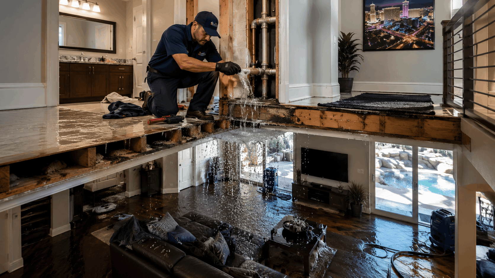 Plumber repairing burst pipe causing water damage in two-story Las Vegas home