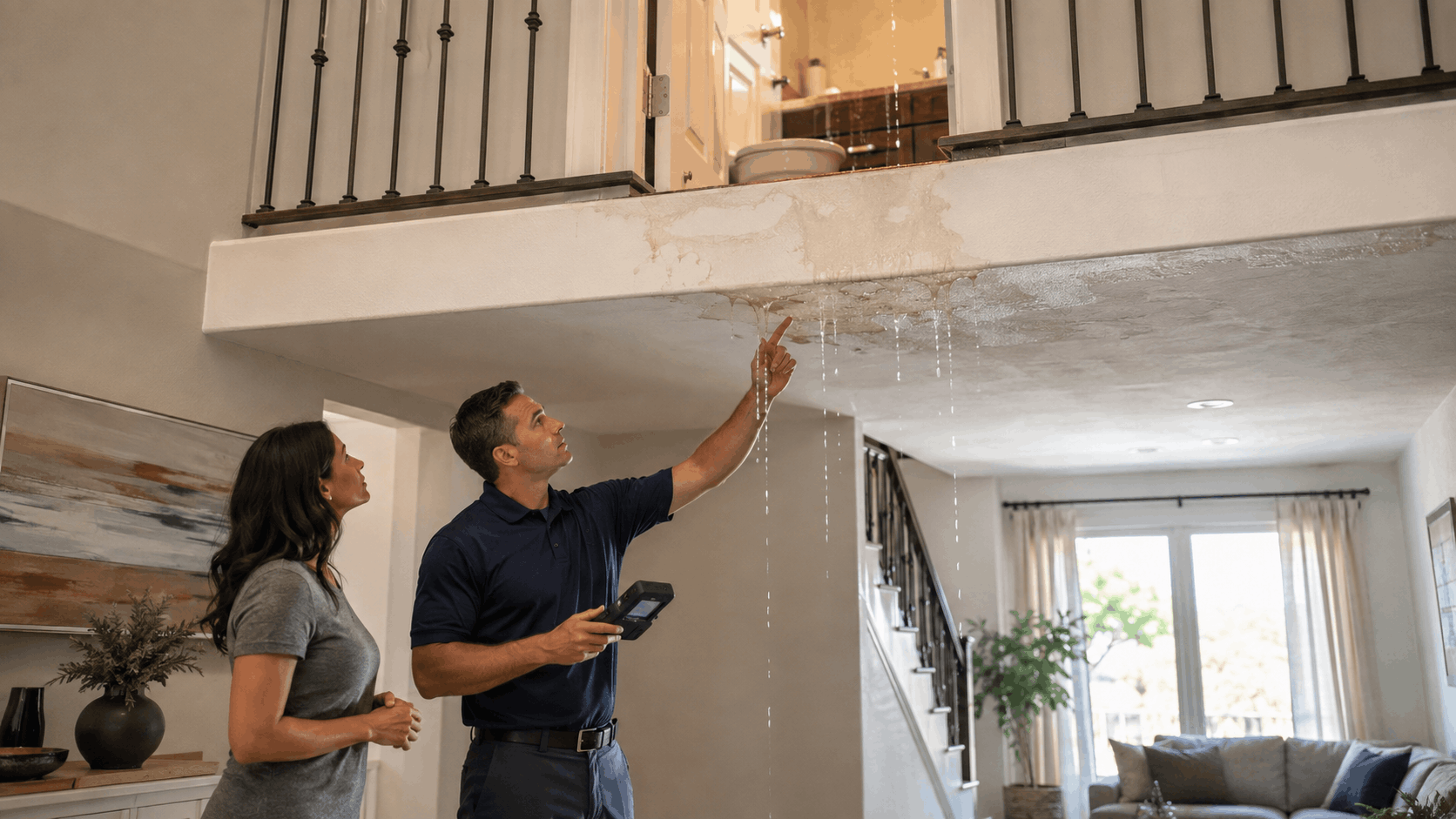 Las Vegas homeowner and plumber inspecting active ceiling water leak from above bathroom