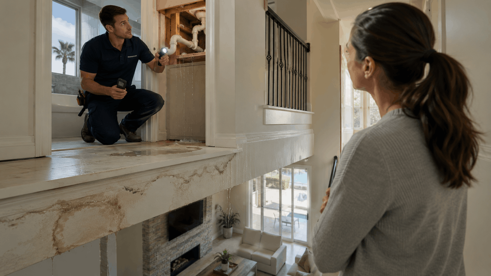 Active Plumbing technician inspecting burst pipe water damage with flashlight in Las Vegas home