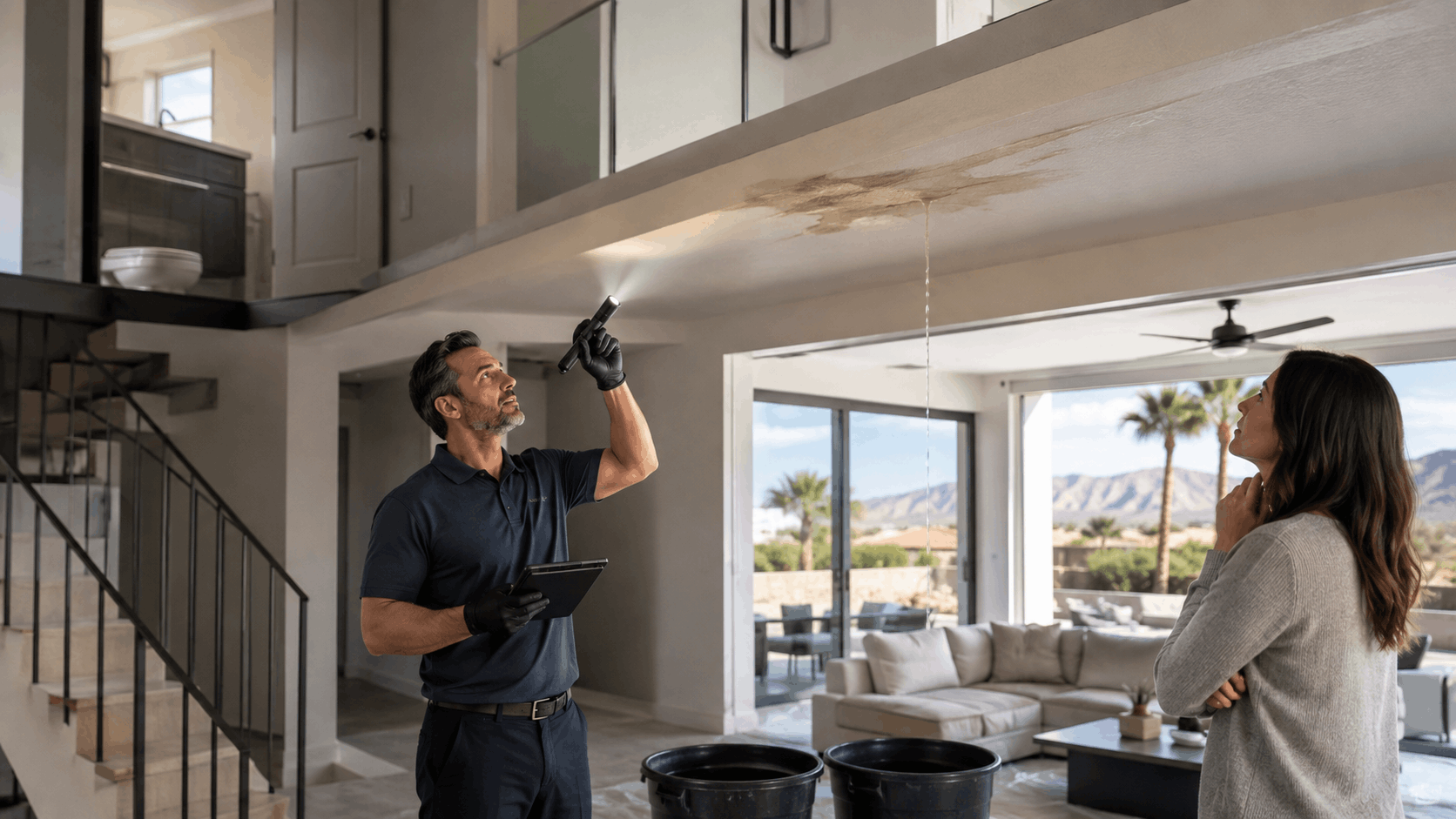 Plumbing inspector examining water-damaged ceiling leak with flashlight in Las Vegas home