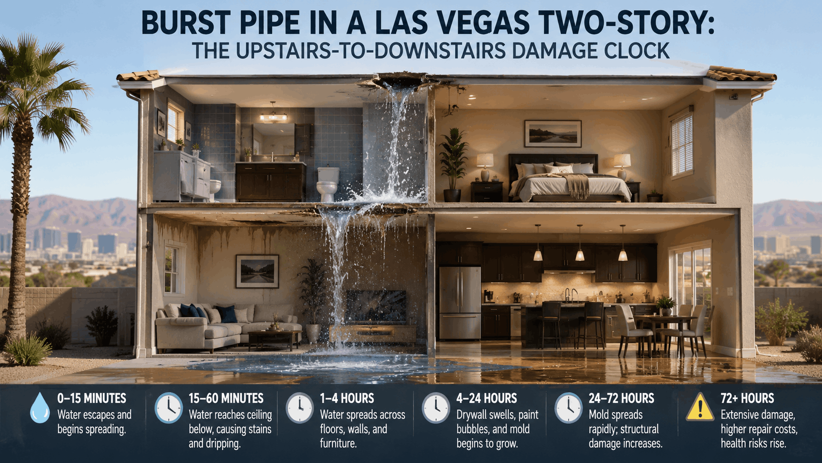 Burst pipe flooding Las Vegas two-story home showing upstairs-to-downstairs water damage timeline