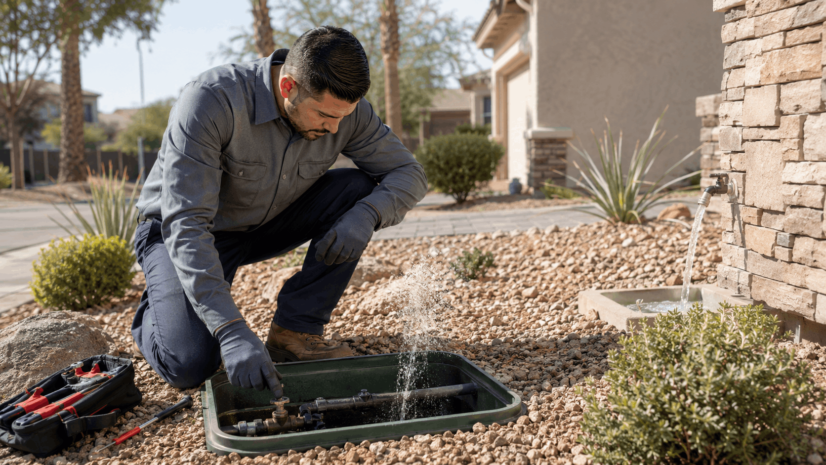 Plumber repairing leaking irrigation manifold valve box in Las Vegas desert landscaping