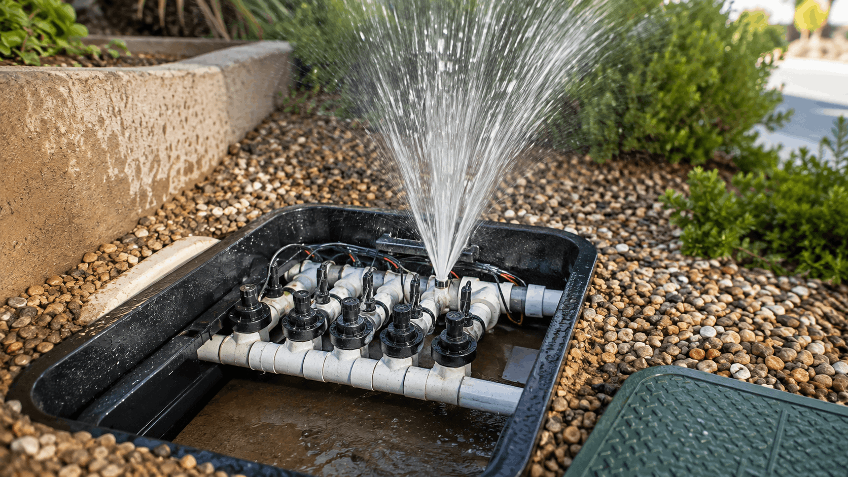Irrigation manifold valve box with water spraying from broken solenoid valve
