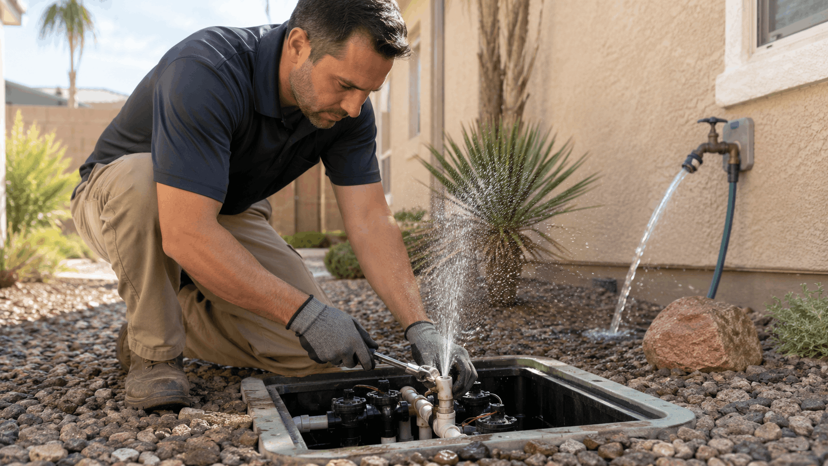 Las Vegas plumber repairing underground irrigation valve box with water spraying