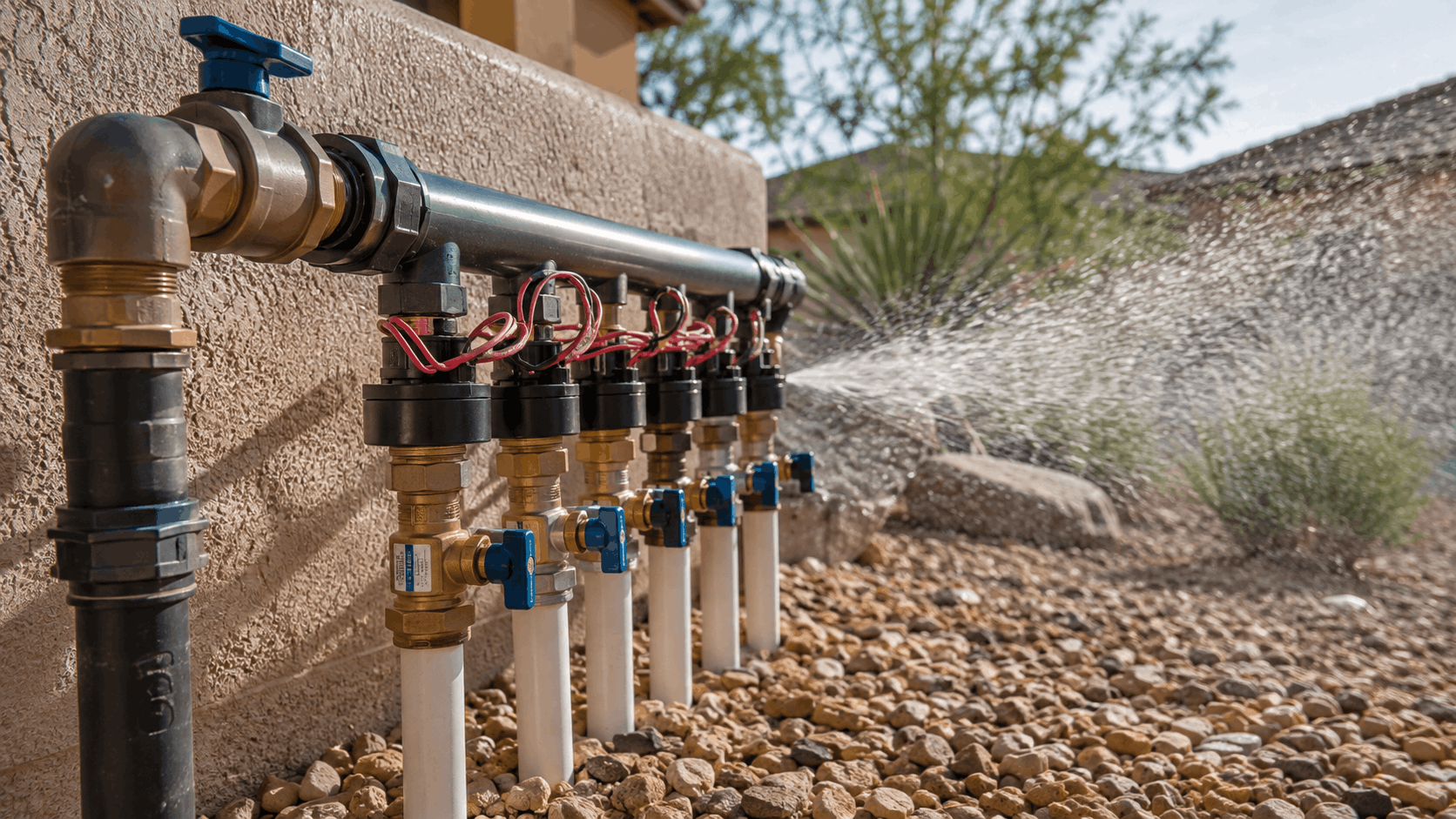 Residential irrigation valve manifold system with sprinklers running in Las Vegas desert landscaping