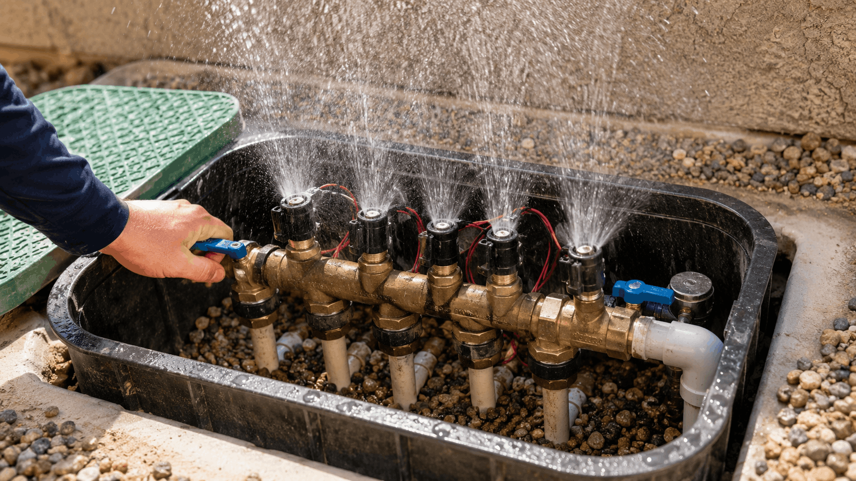 Plumber testing irrigation valve manifold system with water spraying in Las Vegas