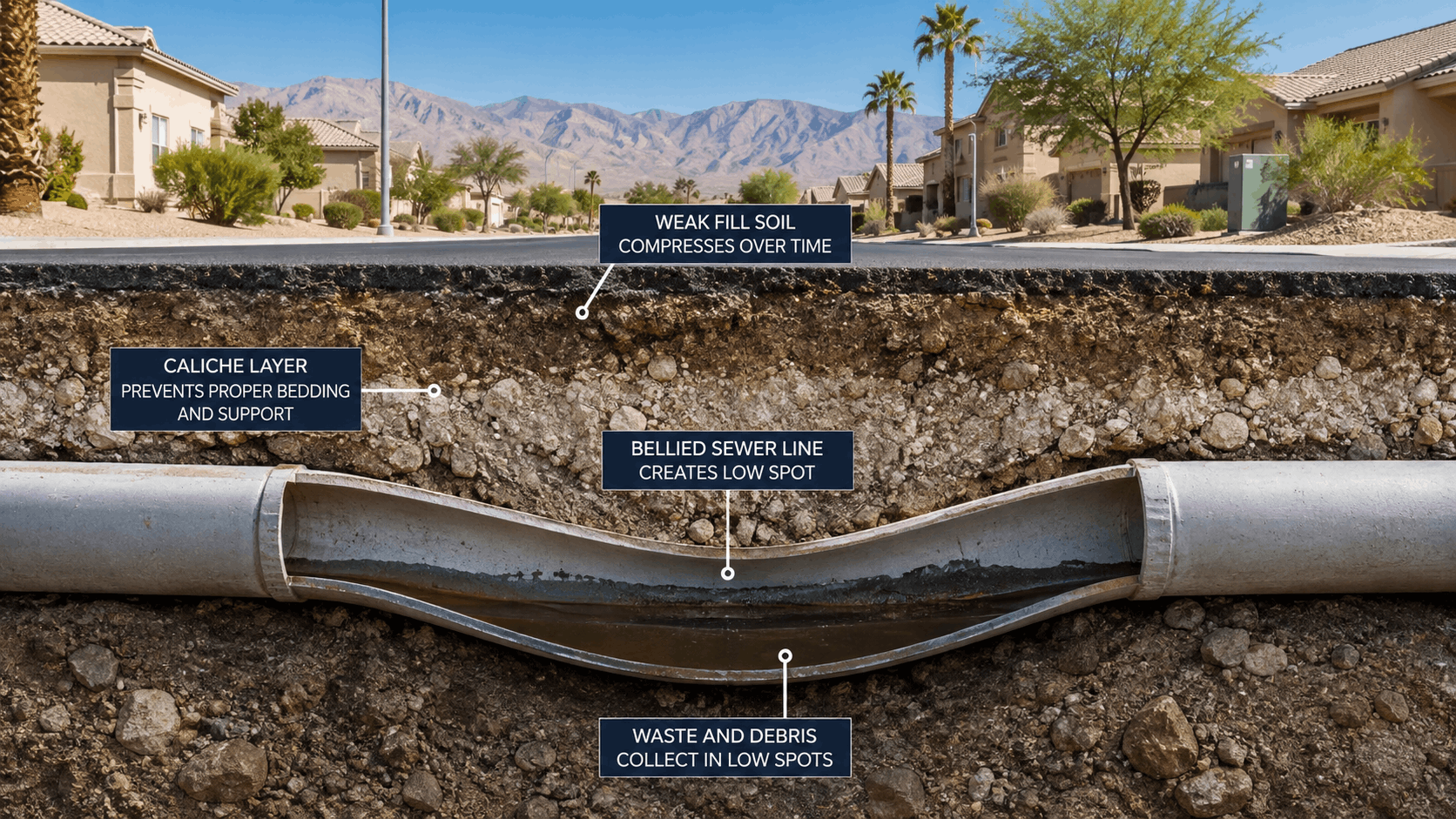 Cross-section diagram of a bellied sewer line beneath Las Vegas residential street showing caliche soil layers
