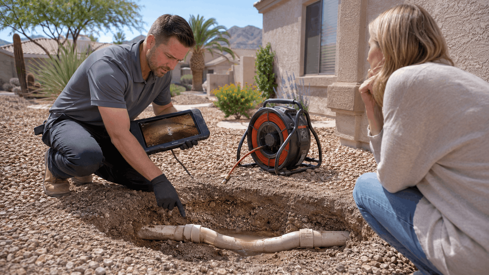 Plumber using sewer camera inspection tool on exposed pipes in desert yard
