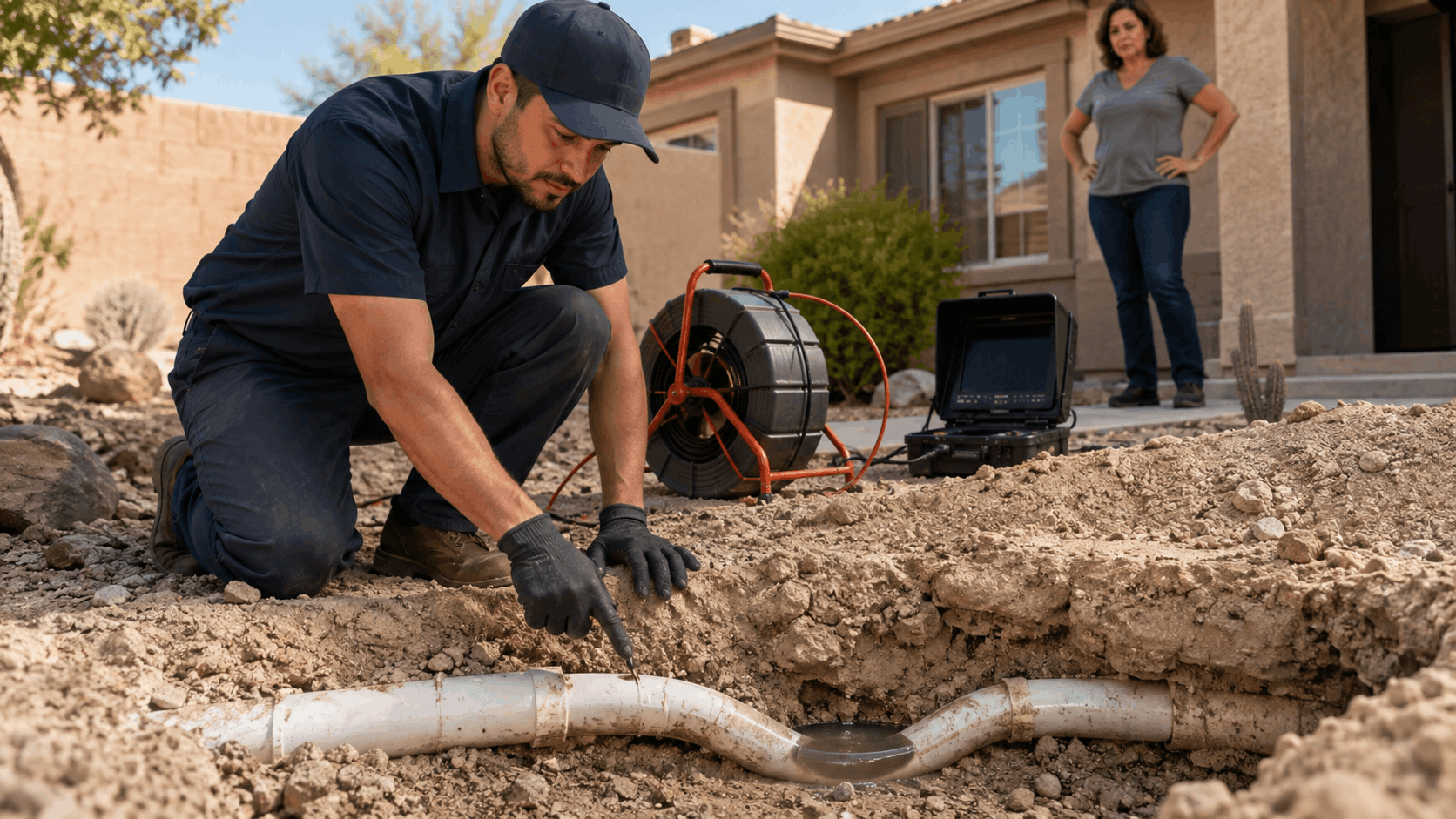 Plumber using sewer camera inspection equipment to examine damaged underground pipe in Las Vegas