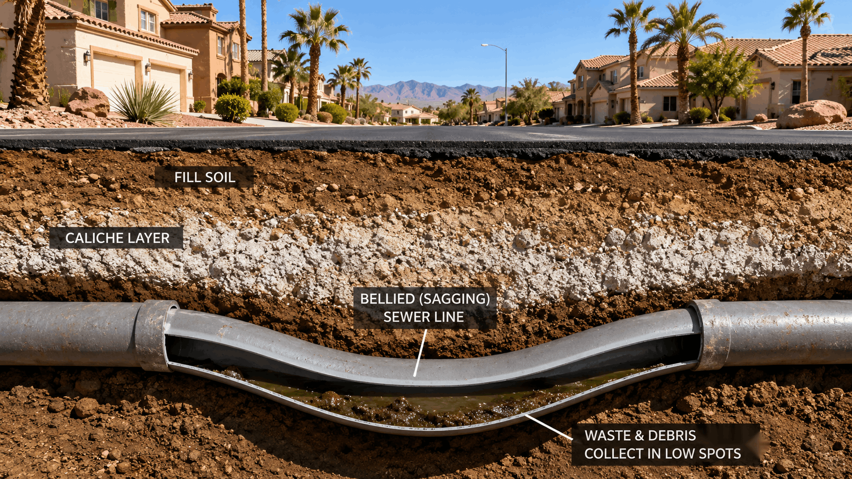 Cross-section diagram showing bellied sewer line beneath Las Vegas neighborhood with caliche layer