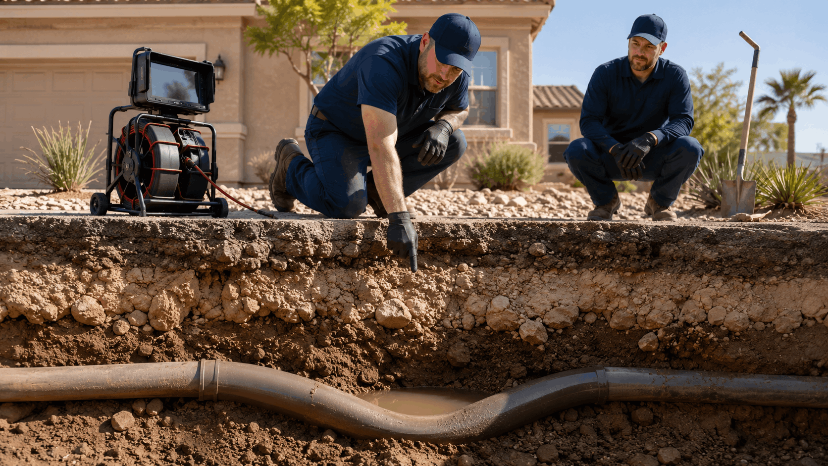 Two Las Vegas plumbers inspecting excavated sewer line with pipe camera inspection equipment