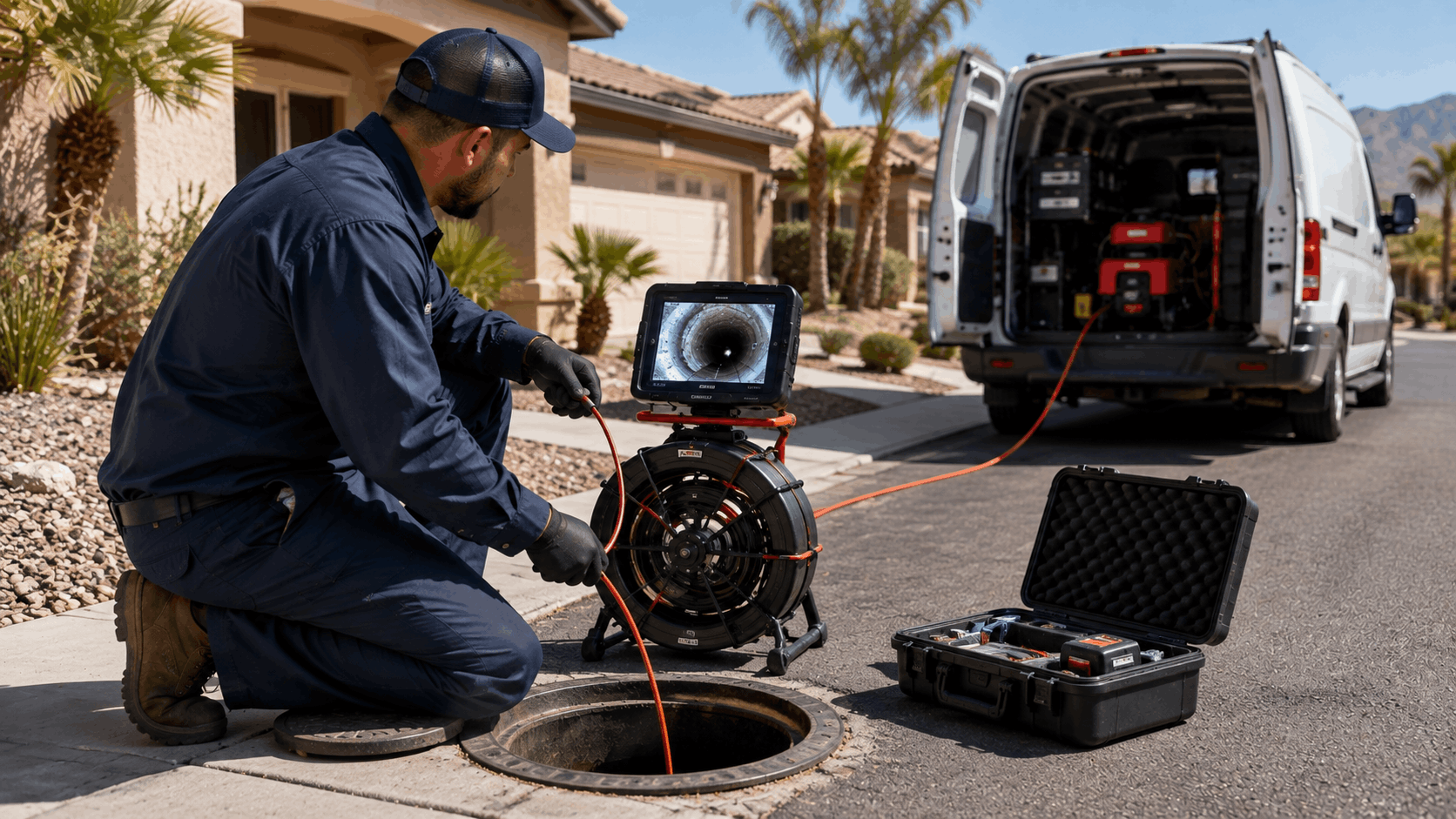 Plumber conducting sewer camera inspection at manhole in Las Vegas residential neighborhood