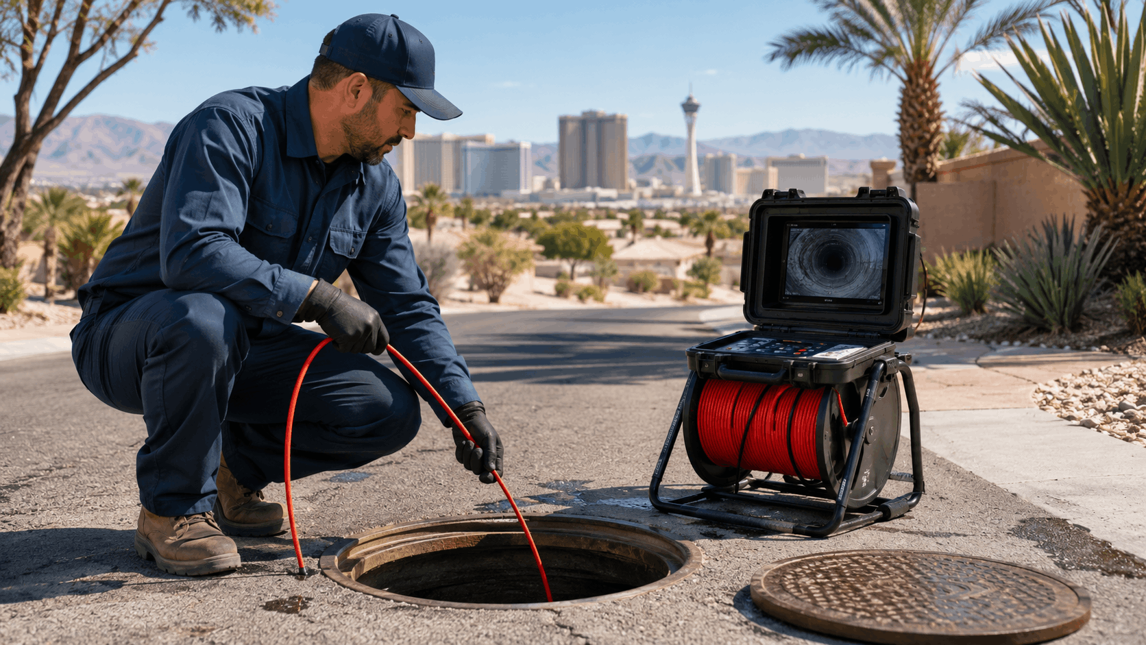Las Vegas plumber inserting sewer camera cable into manhole for inspection