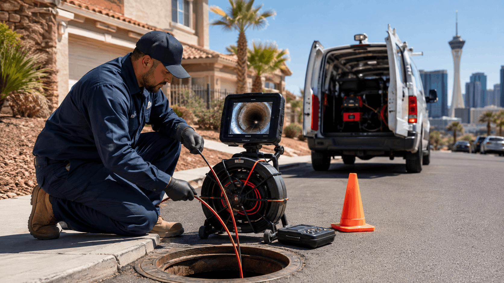 Las Vegas plumber performing sewer camera inspection at residential street manhole