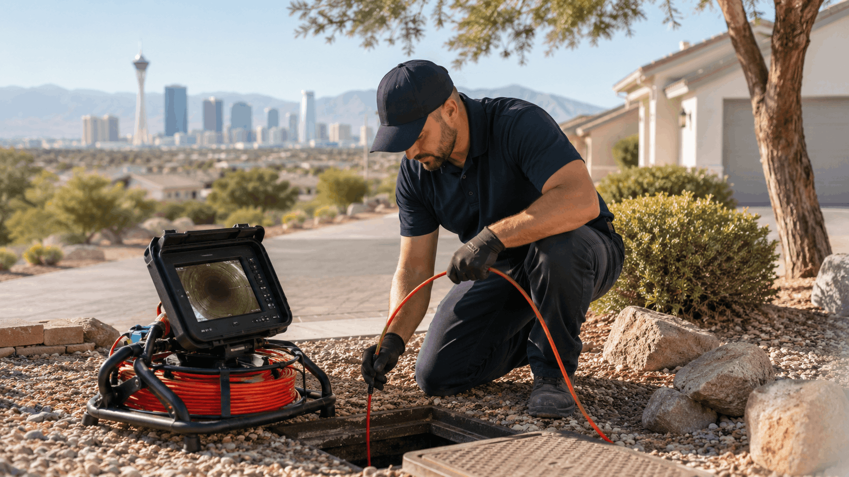 Plumber performing sewer camera inspection at Las Vegas residential property with cityline skyline visible