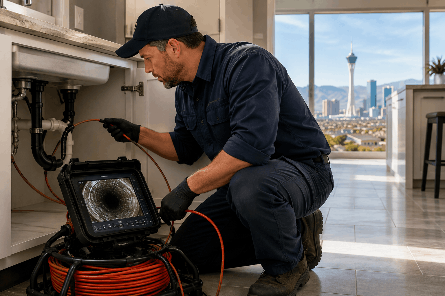 Las Vegas plumber using drain camera inspection equipment under kitchen sink