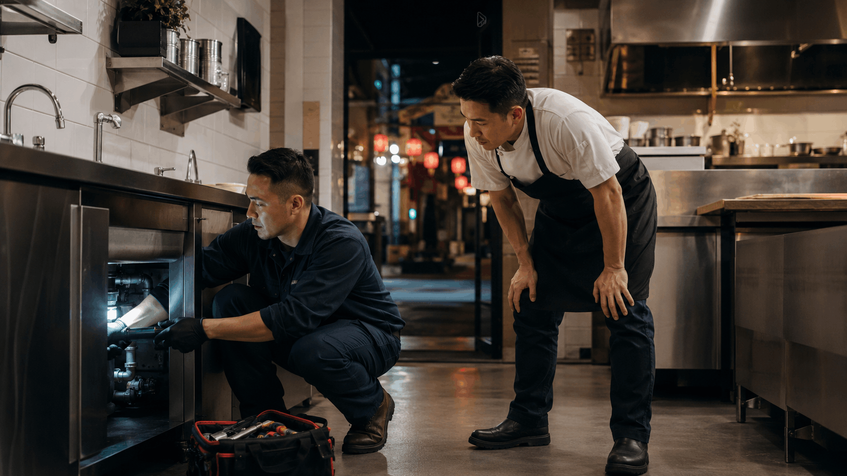 Plumber repairing under-sink pipes in Las Vegas Chinatown restaurant kitchen at night