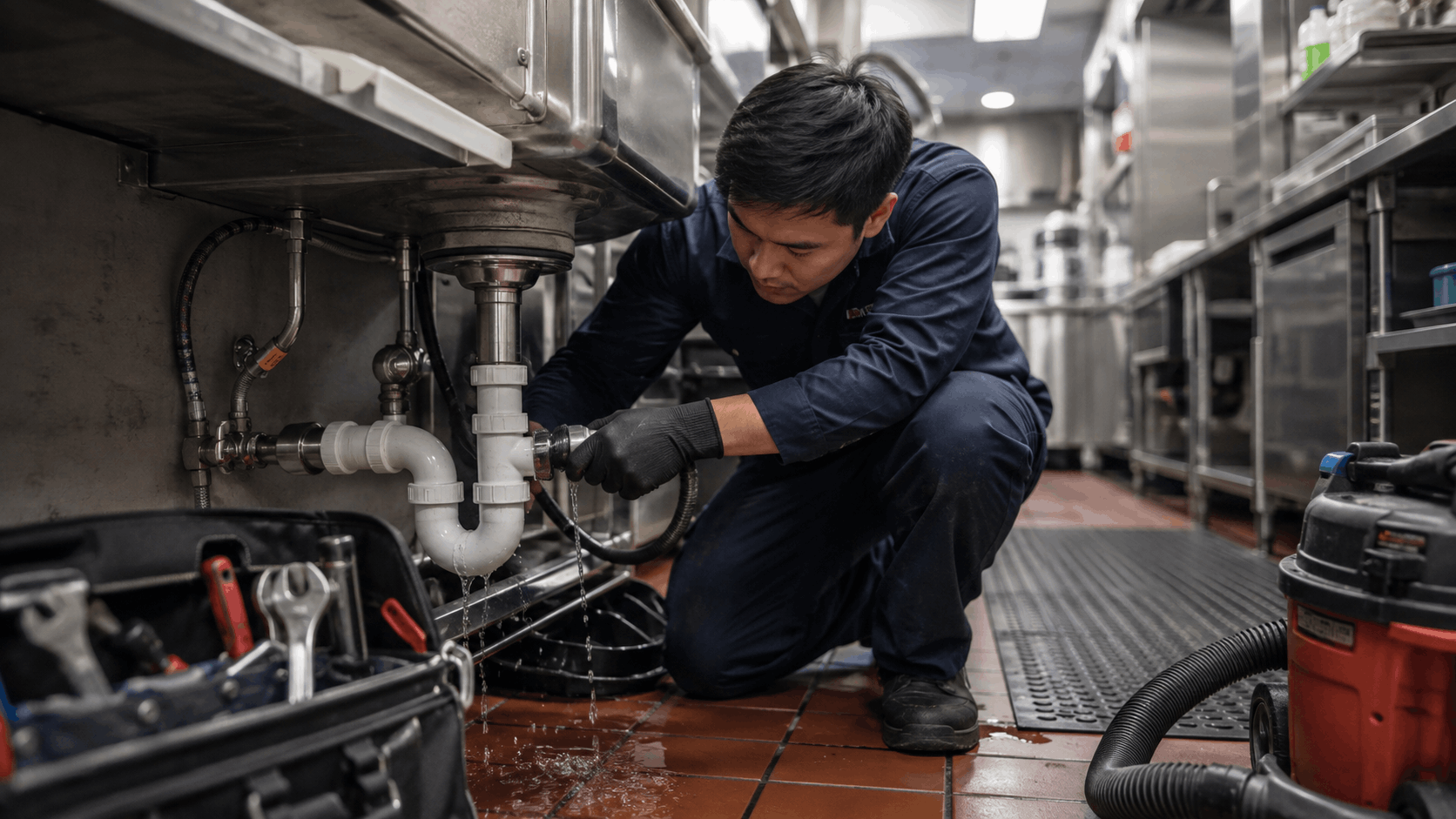 Plumber repairing leaking commercial kitchen sink pipes in Las Vegas restaurant