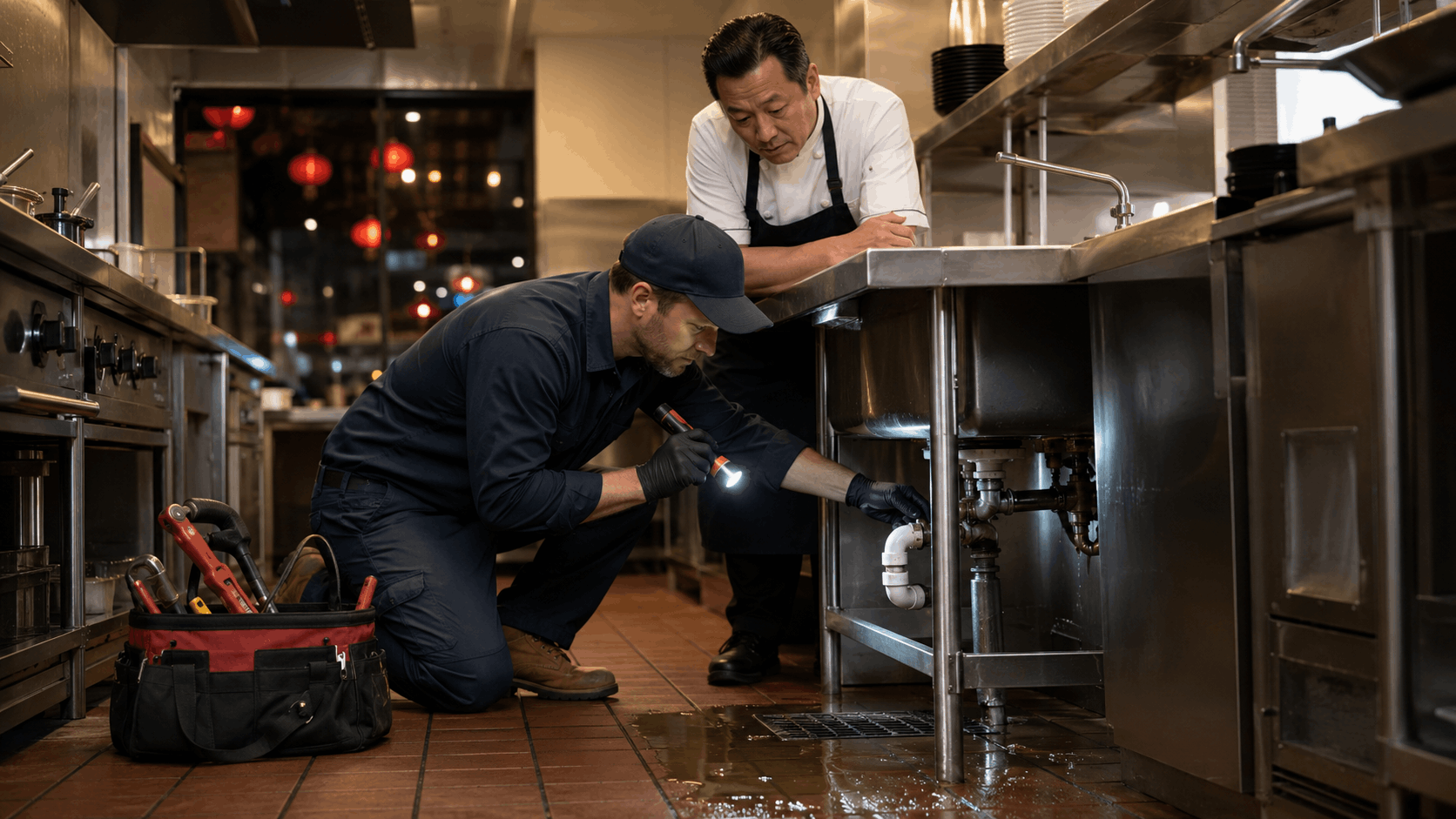 Active Plumbing technician inspecting leaking pipes under commercial restaurant kitchen sink