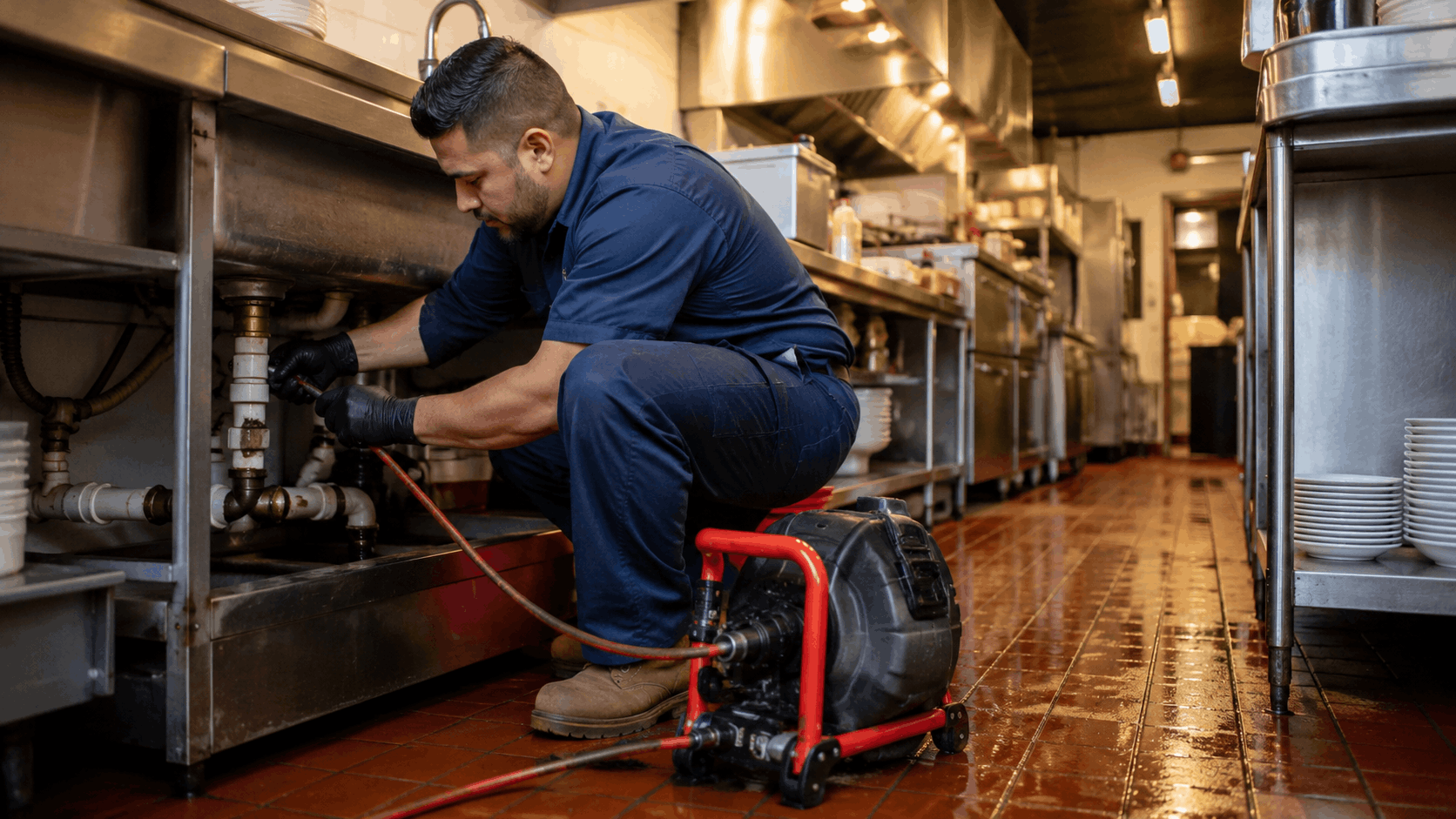 Plumber using drain snake machine to clear clogged commercial kitchen sink pipes