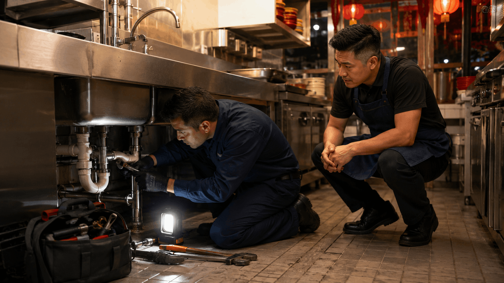 Plumber repairing commercial kitchen sink pipes while Las Vegas restaurant owner watches nearby