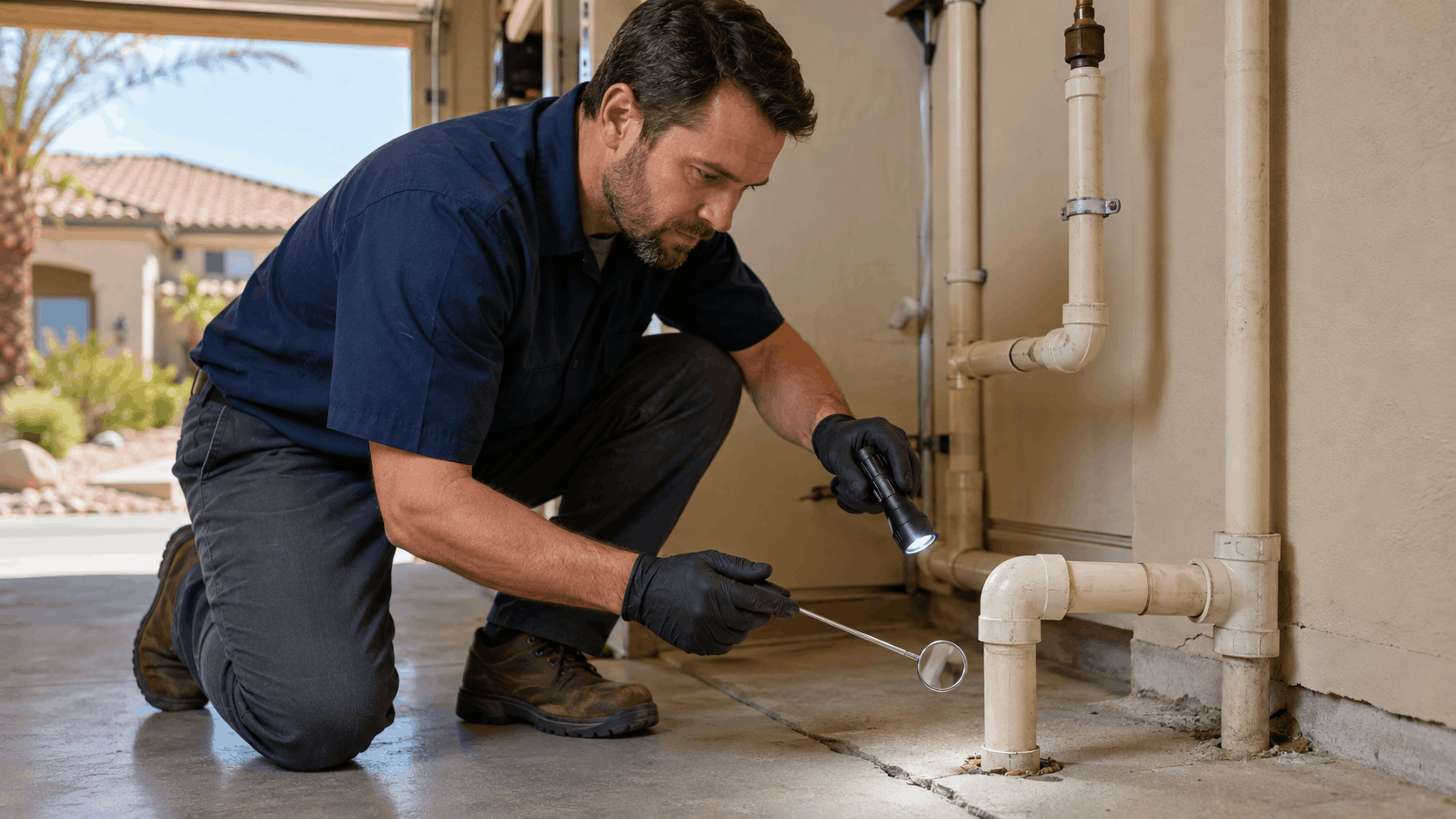 Plumber inspecting PVC pipe fittings with flashlight and mirror in Las Vegas garage