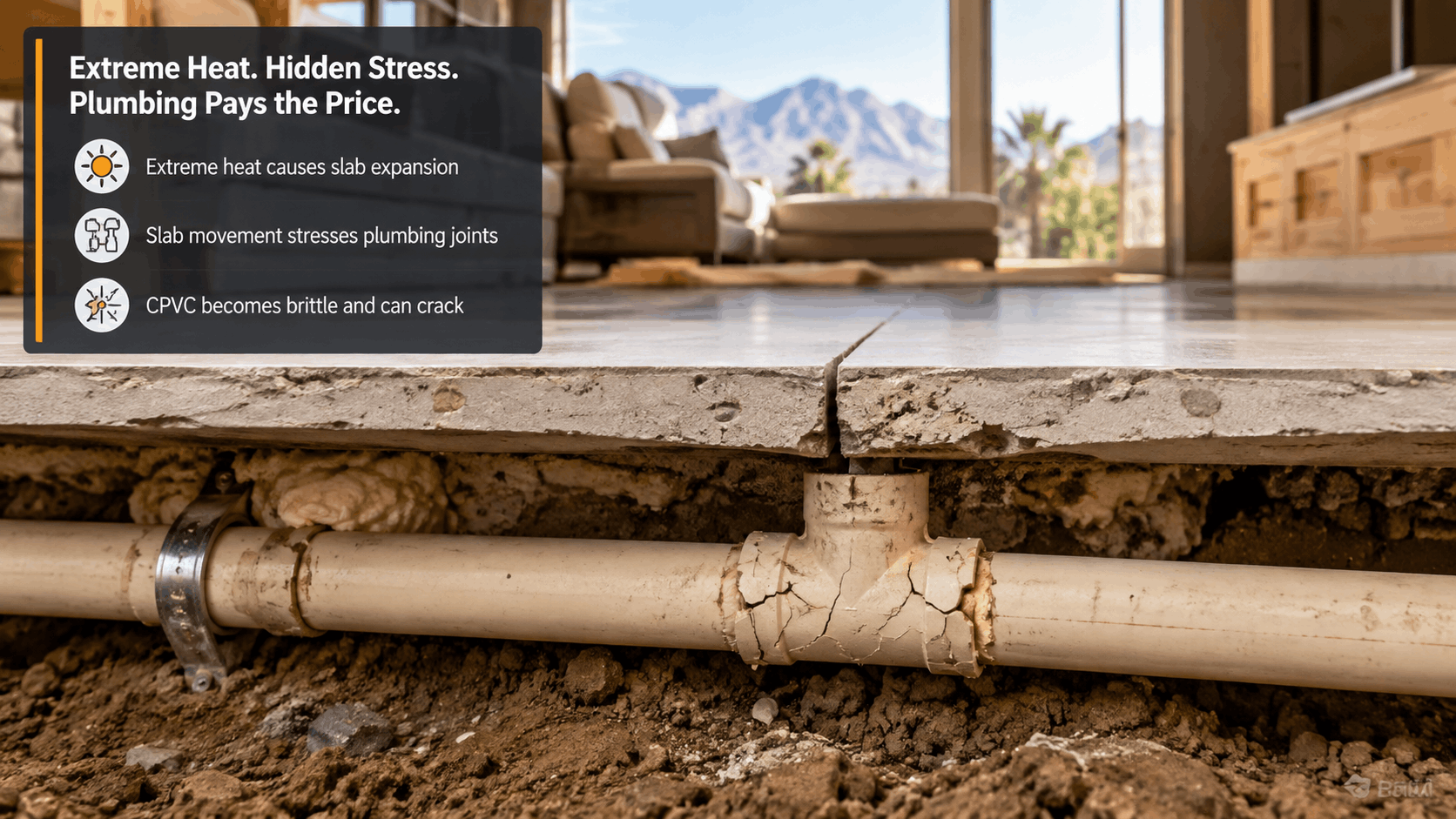 Cracked CPVC pipe under concrete slab showing heat damage in Las Vegas home