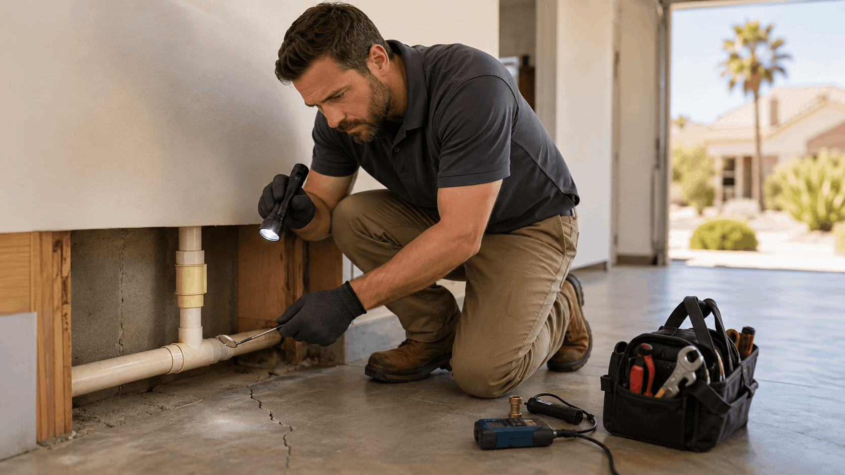 Plumber inspecting PVC pipe joints with flashlight and wrench in Las Vegas garage