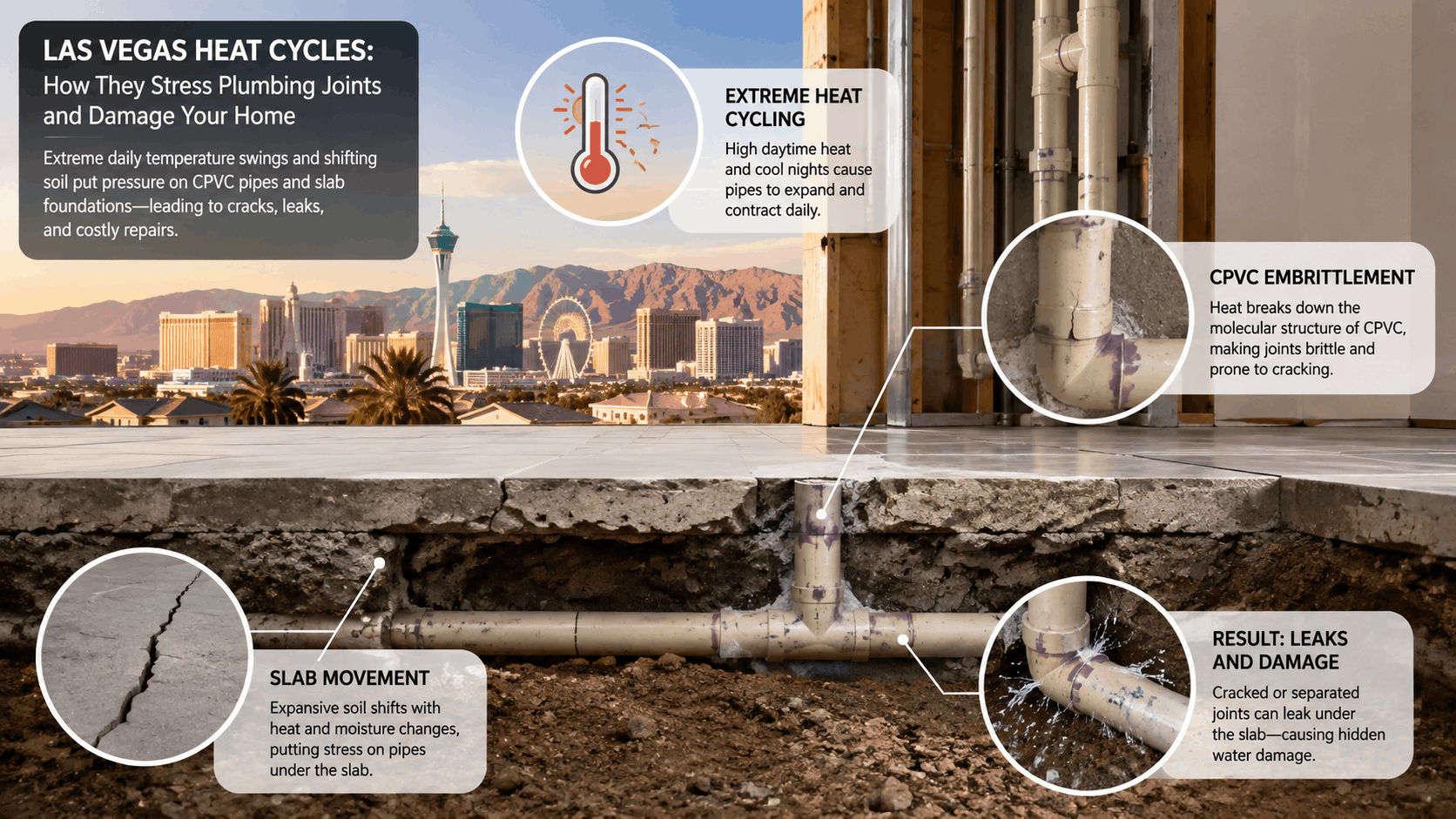 Las Vegas skyline infographic showing heat cycle damage to CPVC pipes and slab foundations