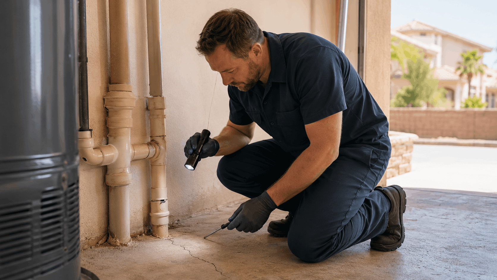 Las Vegas plumber inspecting PVC pipes with flashlight and screwdriver near water heater