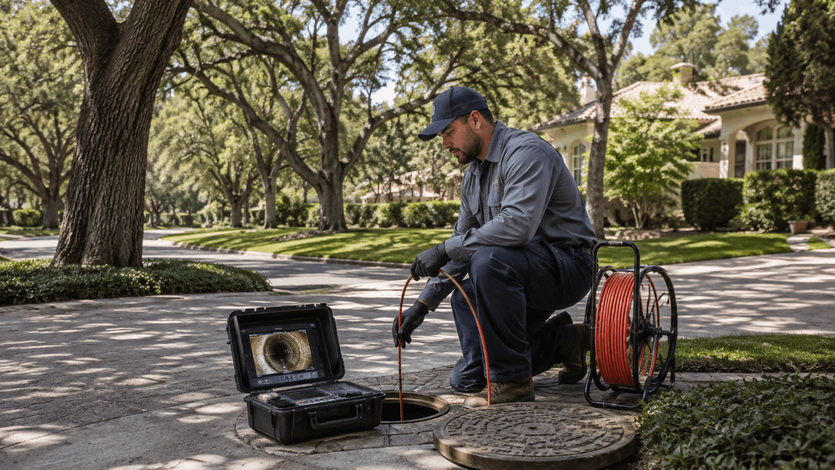 Plumber performing sewer camera inspection at residential manhole in luxury neighborhood